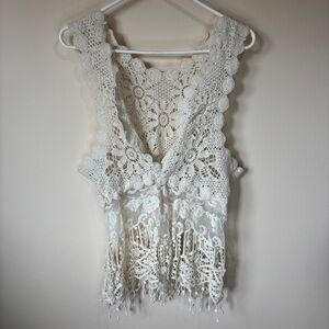 Crochet & Lace Cream Bohemian Tank Top Beach Coverup Festival Shirt